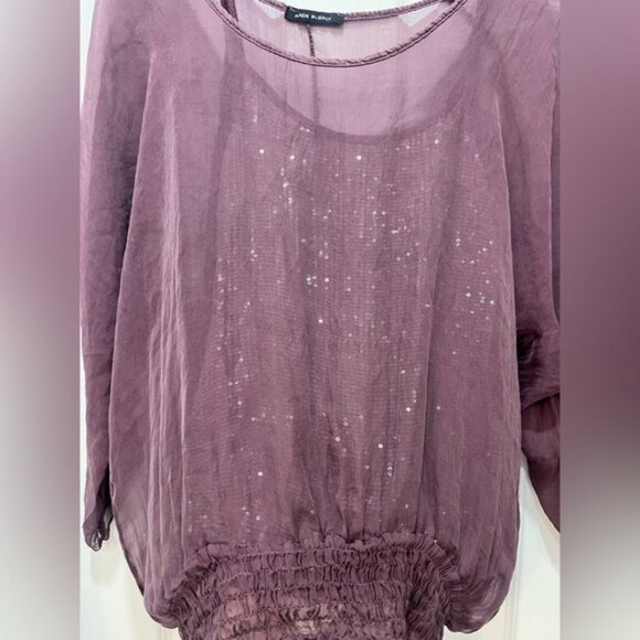 Y2K Dolman Sleeve Glitter Cami Blouse 2000s Overlay Top Hip Elastic Hem - Picture 4 of 6